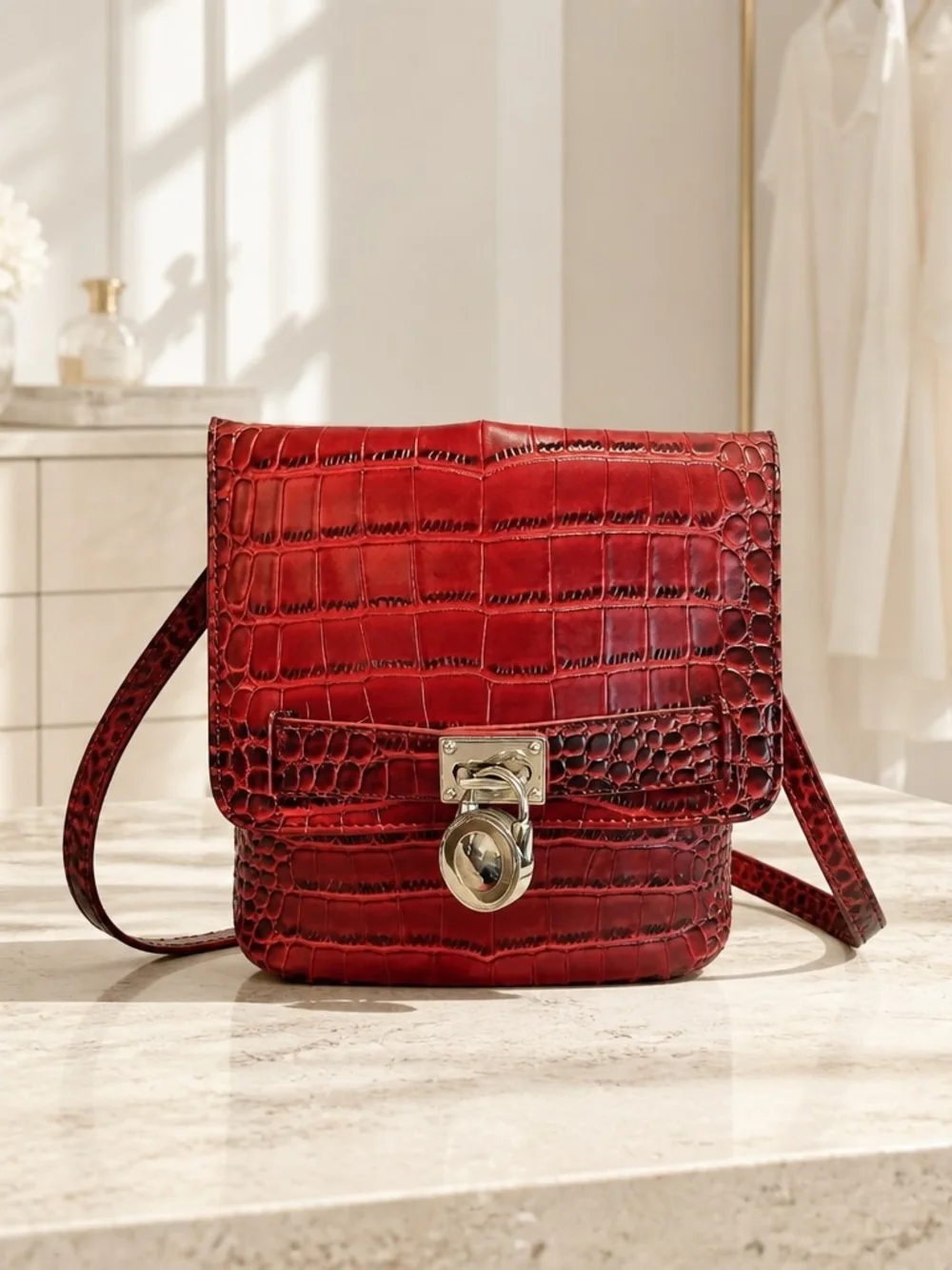 Red Croc-Embossed  Faux Leather Crossbody Bag with Floral Scarf